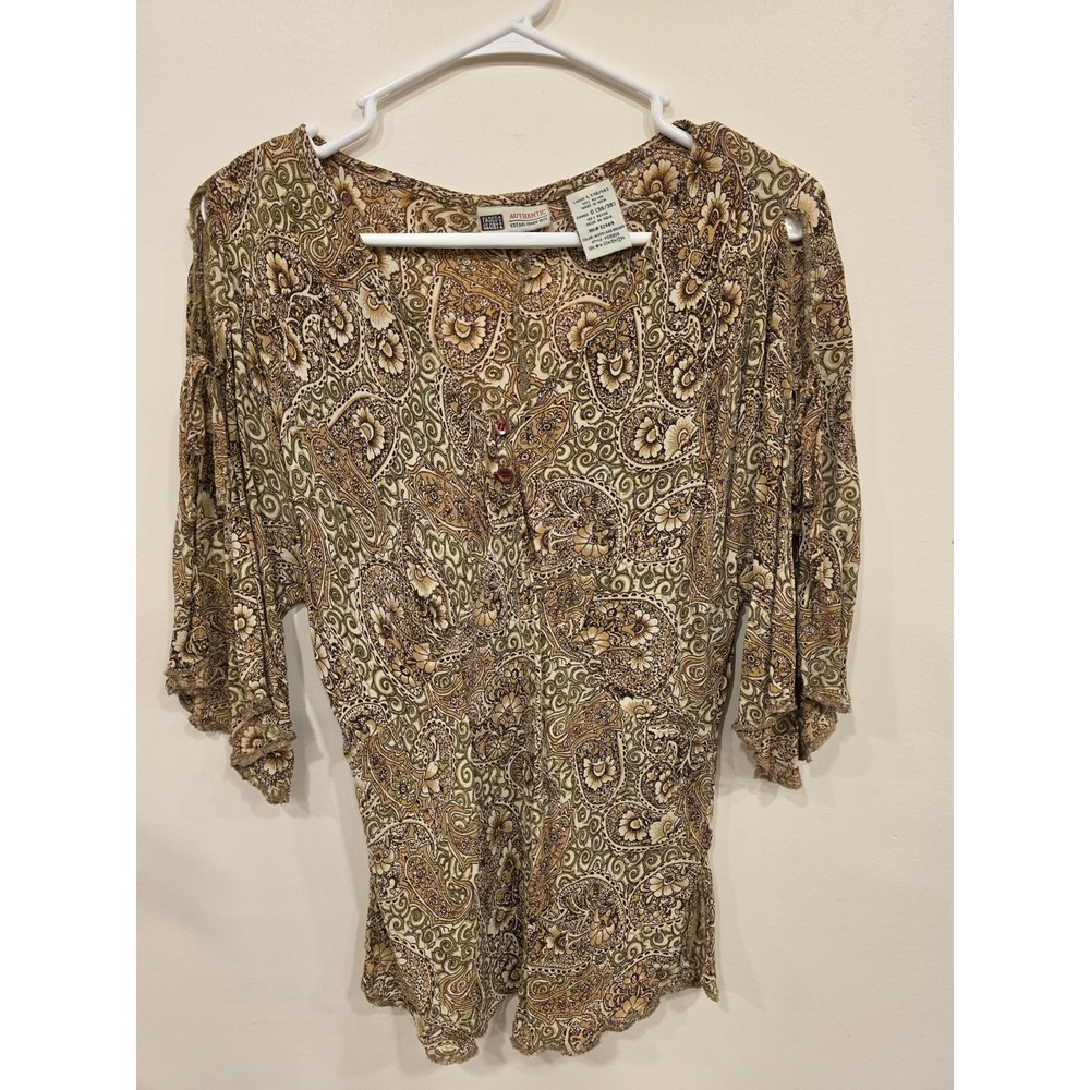 Women's LG Paisley Floral Blouse Brown Boho Open Sleeve Rayon Y2K Earthy